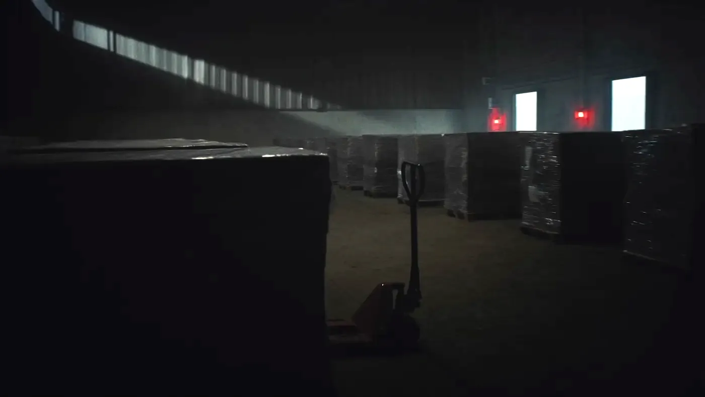 Wrapped pallets and a pallet jack inside a warehouse